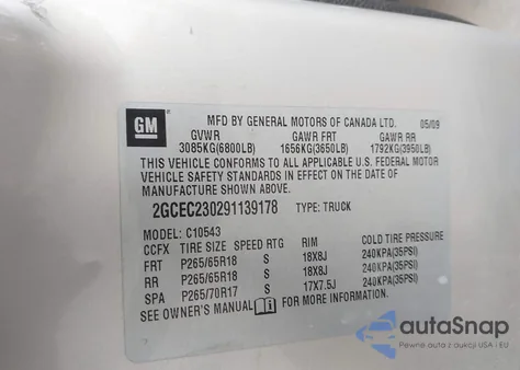 2009 Chevrolet Silverado 1500 Lt z USA, uszkodzony, nr VIN 2GCEC230291139178